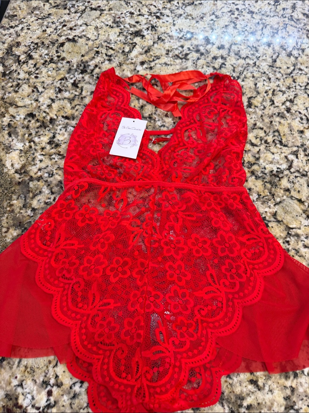 Red Floral Lace Chemise with Scalloped Hem